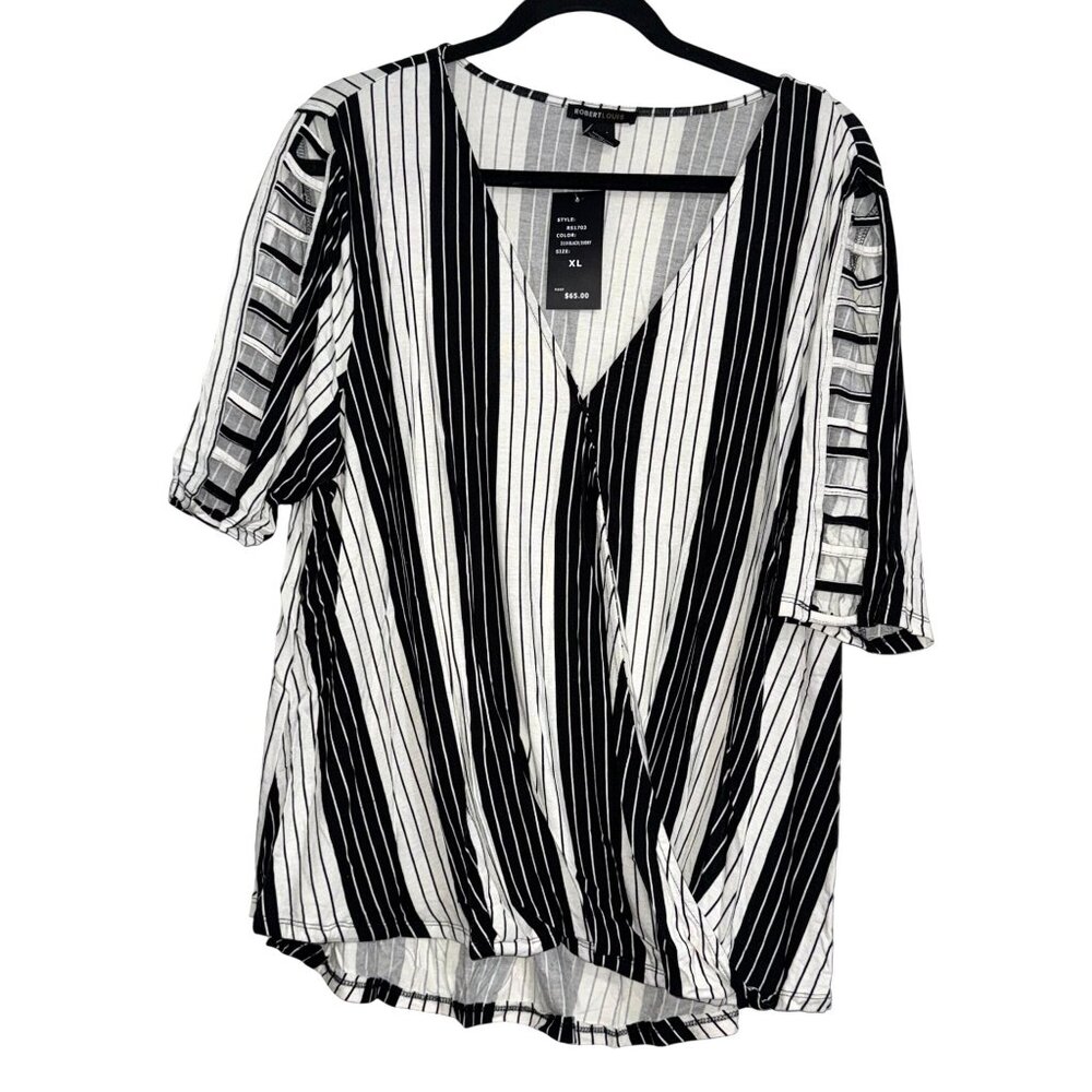 Black & White Striped Robert Louis Womens Top With V-Neck & Cutout Sleeves L